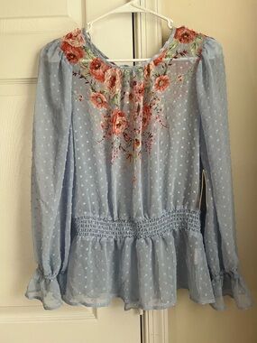 NWT Meraki Blue & Pink Floral Swiss Dot Sheer Long Sleeve Peplum Top Large